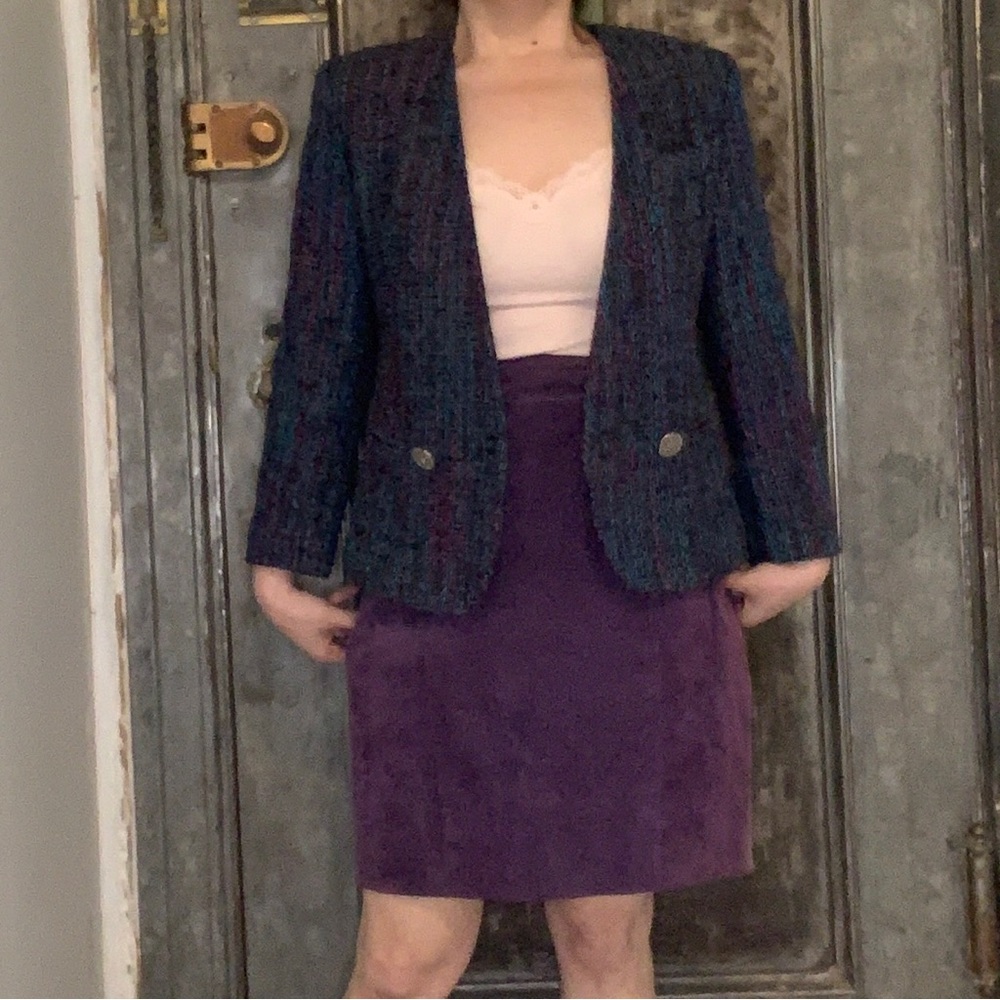 sz 4 XS small Vintage 80s woven silk tweed jewel tones purple, teal, pink collar